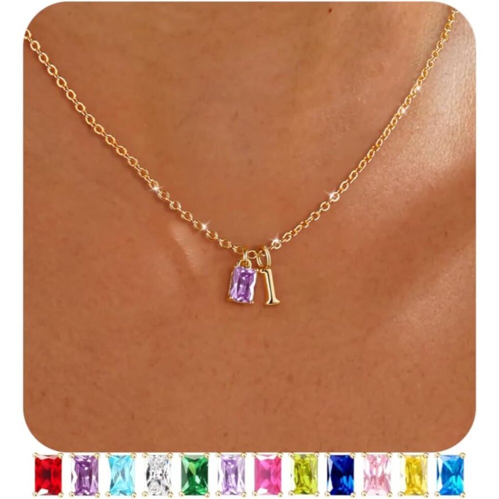 14K Gold Plated Initial L Birthstone Necklace with Emerald Gemstone, Adjustable